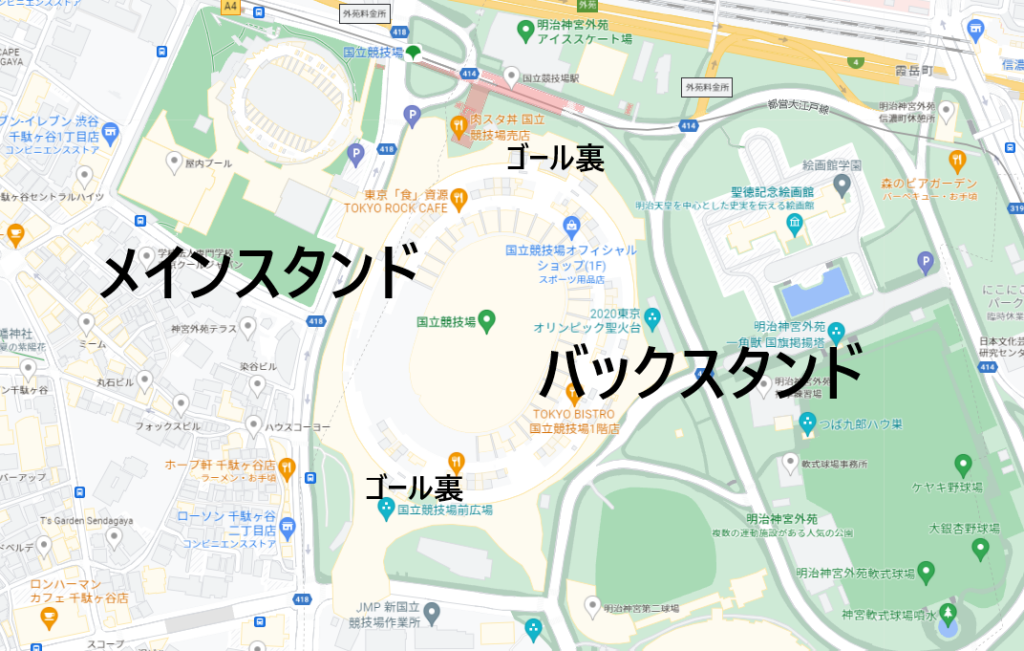 新国立競技場を地図で見た画像。やや右斜め上に傾いている。