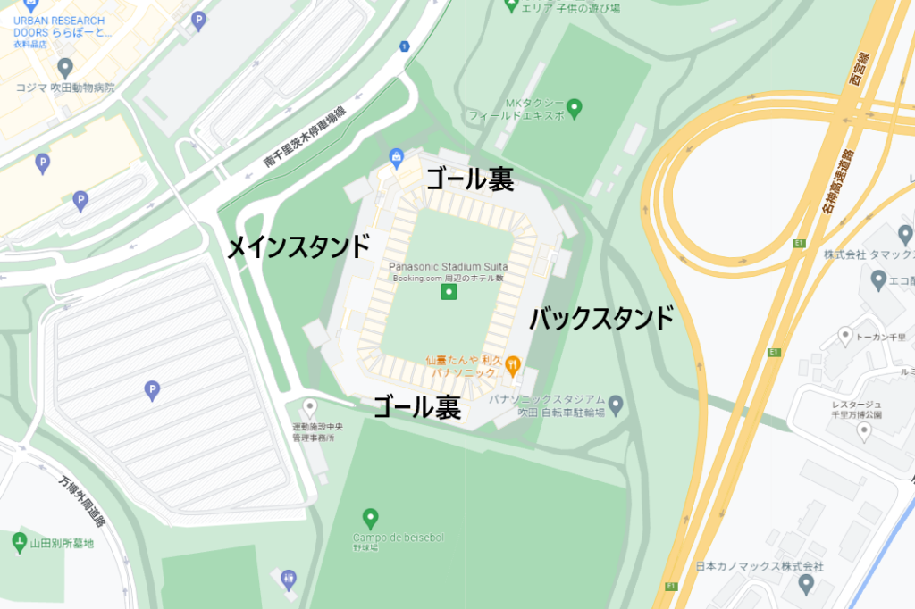 パナソニックスタジアムを地図で見た画像。やや右斜め上に傾いている。