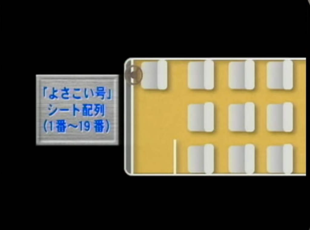 よさこい号のシート配列。1番から19番までは3列シート。