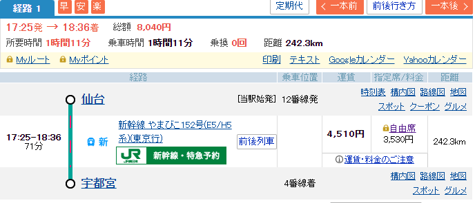 移動行程。仙台から宇都宮まで新幹線。