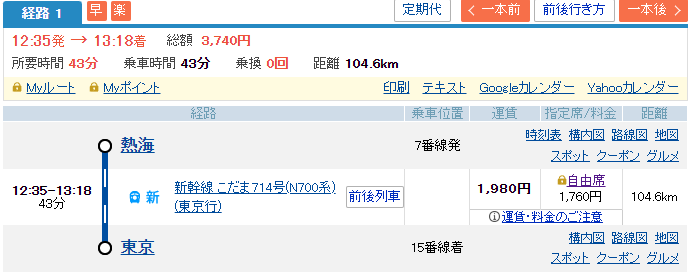 移動行程。熱海から東京まで新幹線