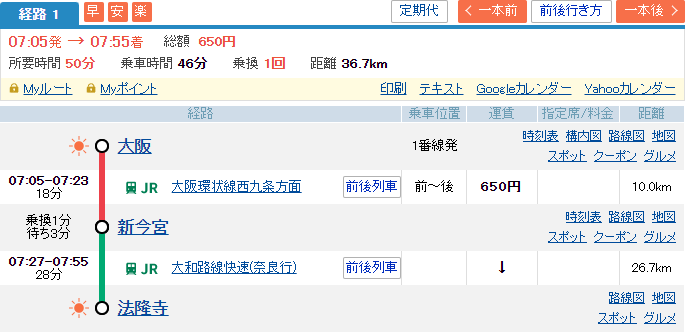 移動行程。大阪から在来線で新今宮を経由して法隆寺へ。