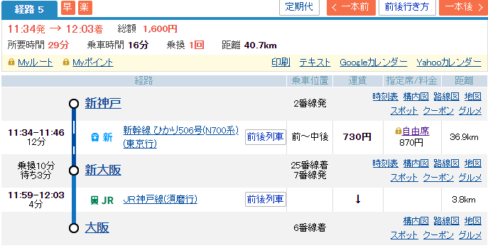 ヘリコプター運行が終了しているため新大阪まで新幹線、そこから在来線で大阪へ。